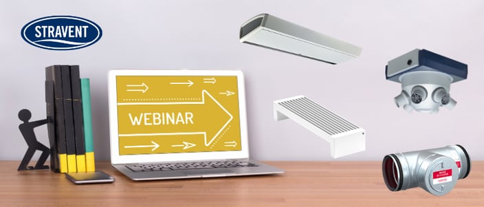 Straventin webinaarimainos, jossa kannettava tietokone ja tuotteita