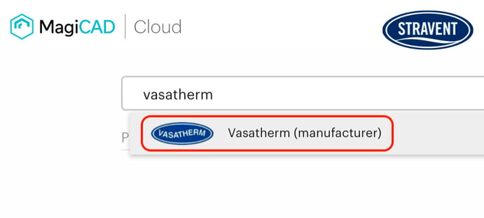 MagiCAD Cloudin hakukenttä, jossa valitaan Vasatherm-valmistaja