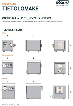 Cotes Mobile -sarjan tietolomakkeen sivu teknisine piirroksineen